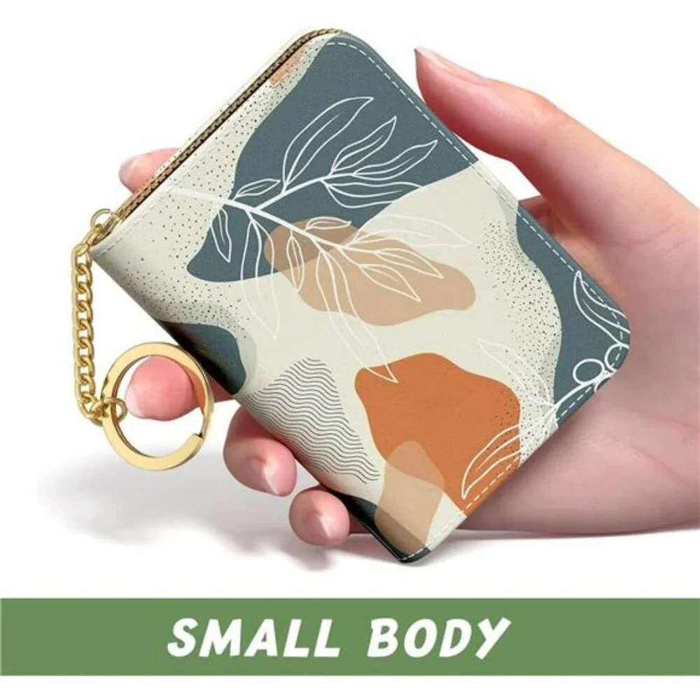 RFID leather credit card holder wallet slim boho leaves zipper small purse